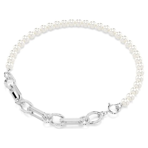 Dextera necklace Crystal pearl, Mixed links, White, Rhodium plated
