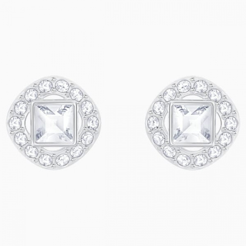 Angelic Square Pierced Earrings, White, Rhodium plated