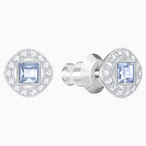 Angelic Square Pierced Earrings, Blue, Rhodium plated