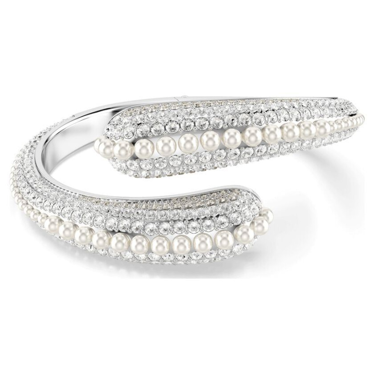 Sublima cuff Crystal pearl, Round cut, White, Rhodium plated