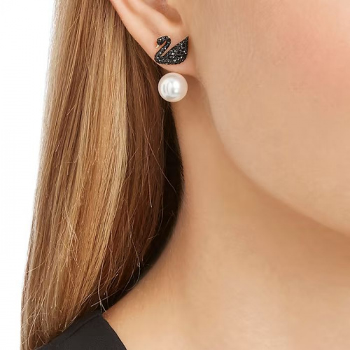 Swarovski Iconic Swan Pierced Earring Jackets, Black, Rose-gold tone plated