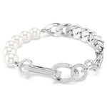 Dextera bracelet Crystal pearl, Mixed links, White, Rhodium plated