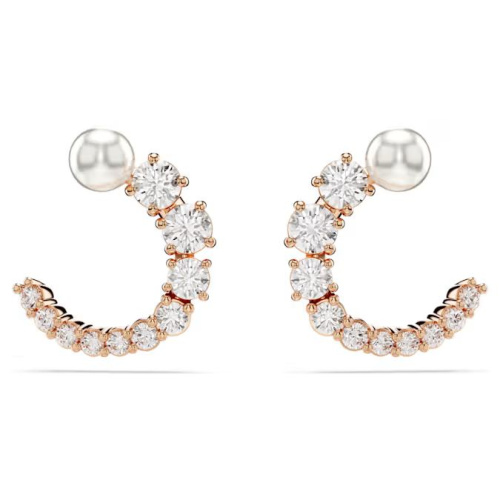 Matrix hoop earrings Crystal pearl, Round cut, White, Rose gold-tone plated