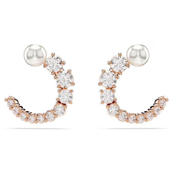 Matrix hoop earrings Crystal pearl, Round cut, White, Rose gold-tone plated