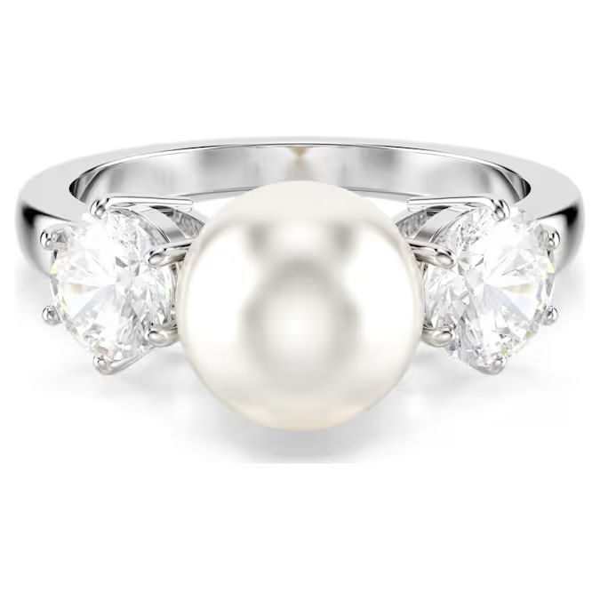 Matrix ring Crystal pearl, Round cut, White, Rhodium plated