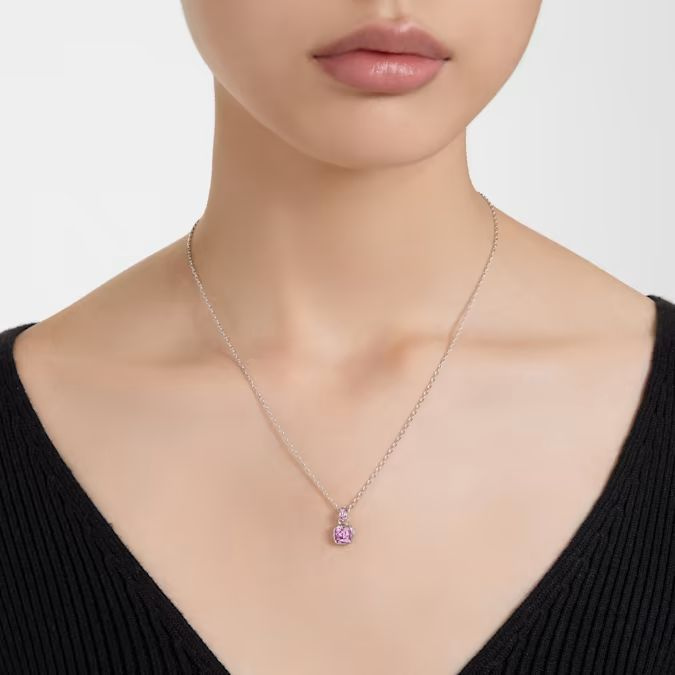 Birthstone pendant Square cut, February, Purple, Rhodium plated