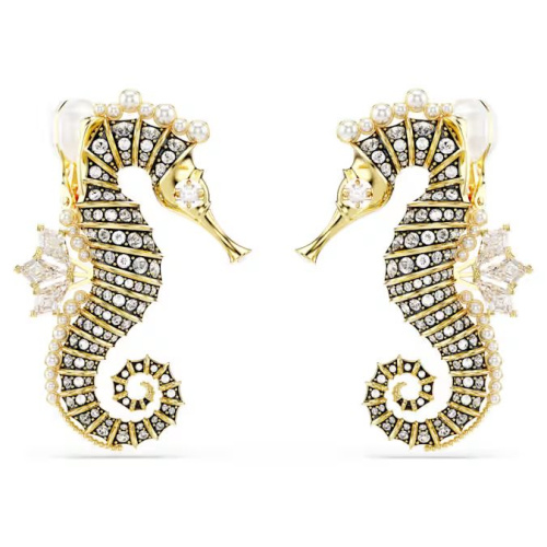 Idyllia clip earrings Crystal pearl, Seahorse, White, Gold-tone plated