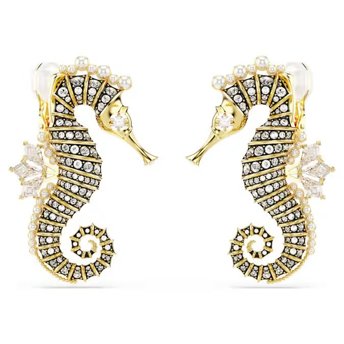 Idyllia clip earrings Crystal pearl, Seahorse, White, Gold-tone plated