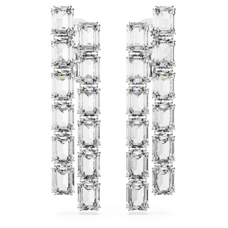 Millenia clip earrings Octagon cut, Long, White, Rhodium plated