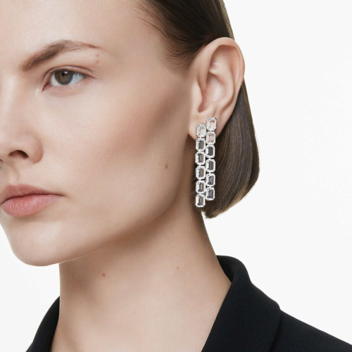 Millenia clip earrings Octagon cut, Long, White, Rhodium plated