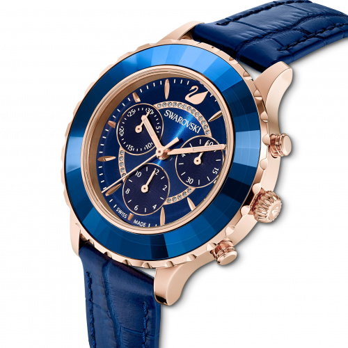 Octea Lux Chrono Watch, Leather strap, Blue, Rose-gold tone PVD