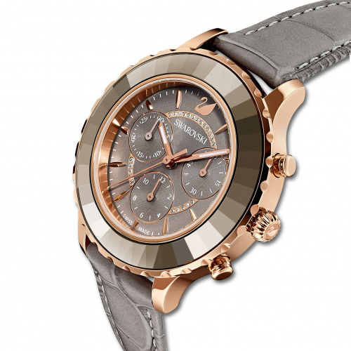 Octea Lux Chrono Watch, Leather Strap, Gray, Rose-gold tone PVD