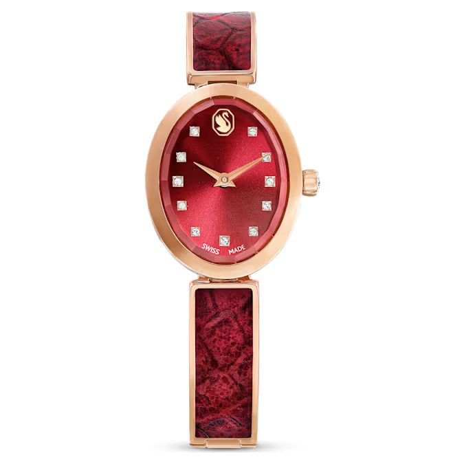 Crystal Rock Oval watch Swiss Made, Metal bracelet, Red, Rose gold-tone finish