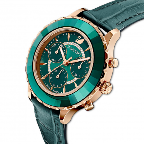 Octea Lux Chrono Watch, Leather Strap, Green, Rose-gold tone PVD