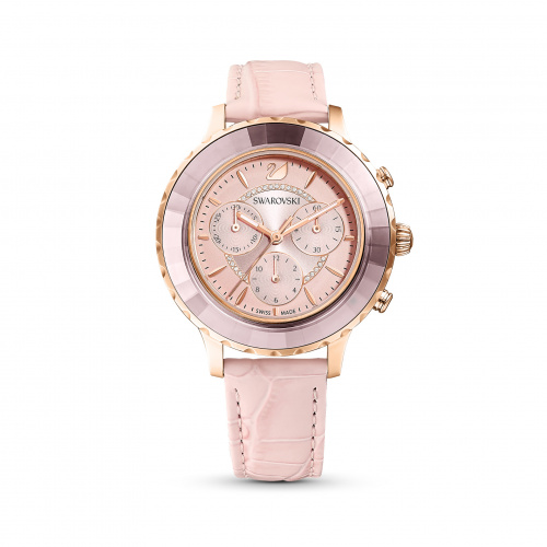 Octea Lux Chrono Watch, Leather Strap, Pink, Rose-gold tone PVD