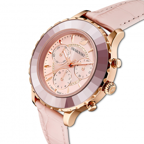 Octea Lux Chrono Watch, Leather Strap, Pink, Rose-gold tone PVD