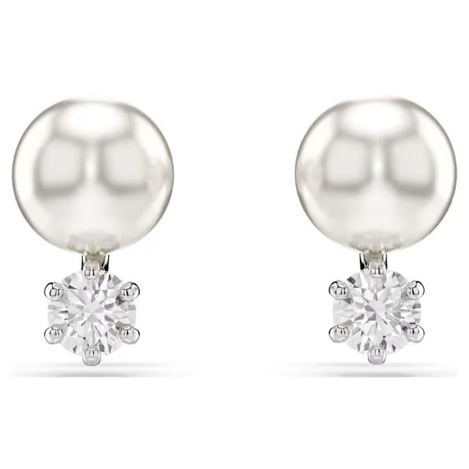 Matrix stud earrings Crystal pearl, Round cut, White, Rhodium plated