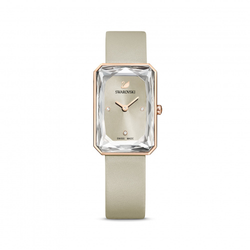 Uptown Watch, Leather strap, Gray, Rose-gold tone PVD