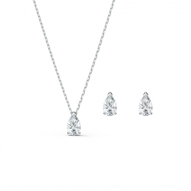 Attract Pear Set, White, Rhodium plated